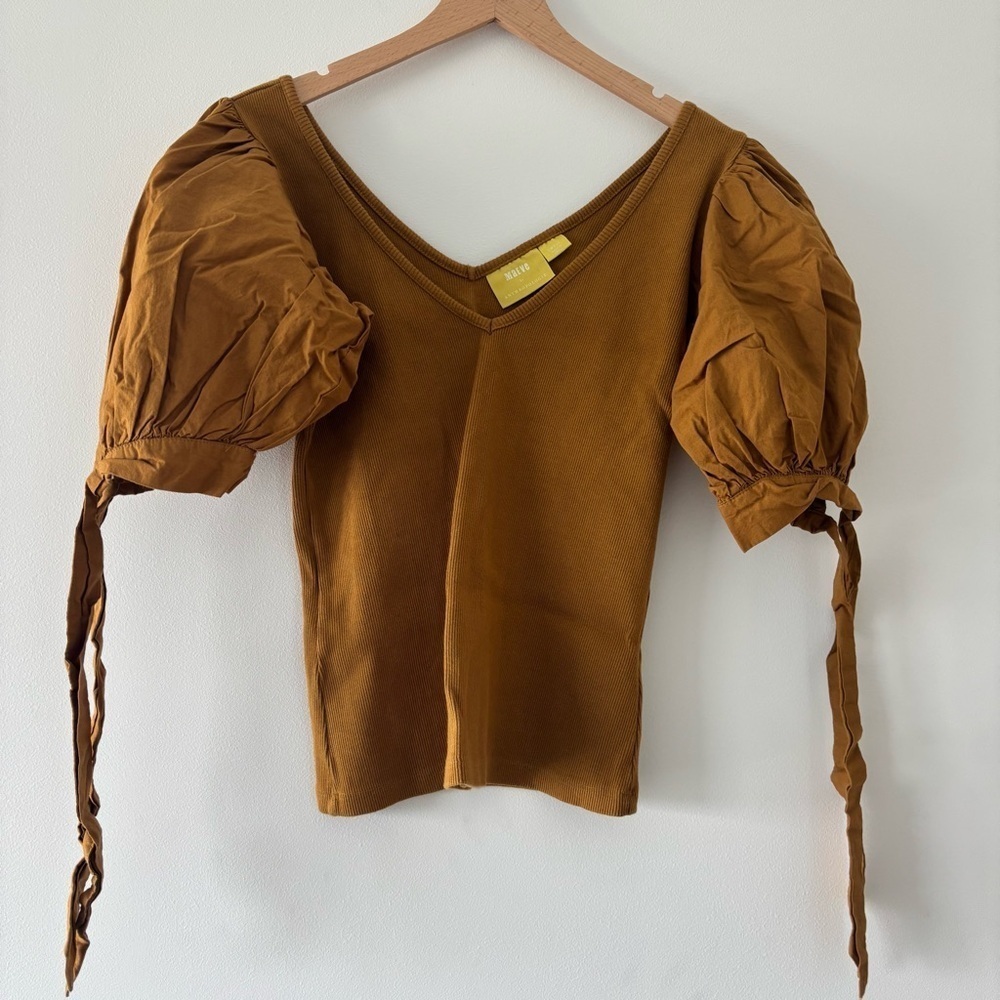 Maeve Anthropologie Meadow Rue  Mustard Ribbon Tied Puff-Sleeved V Neck Blouse S - Picture 9 of 9